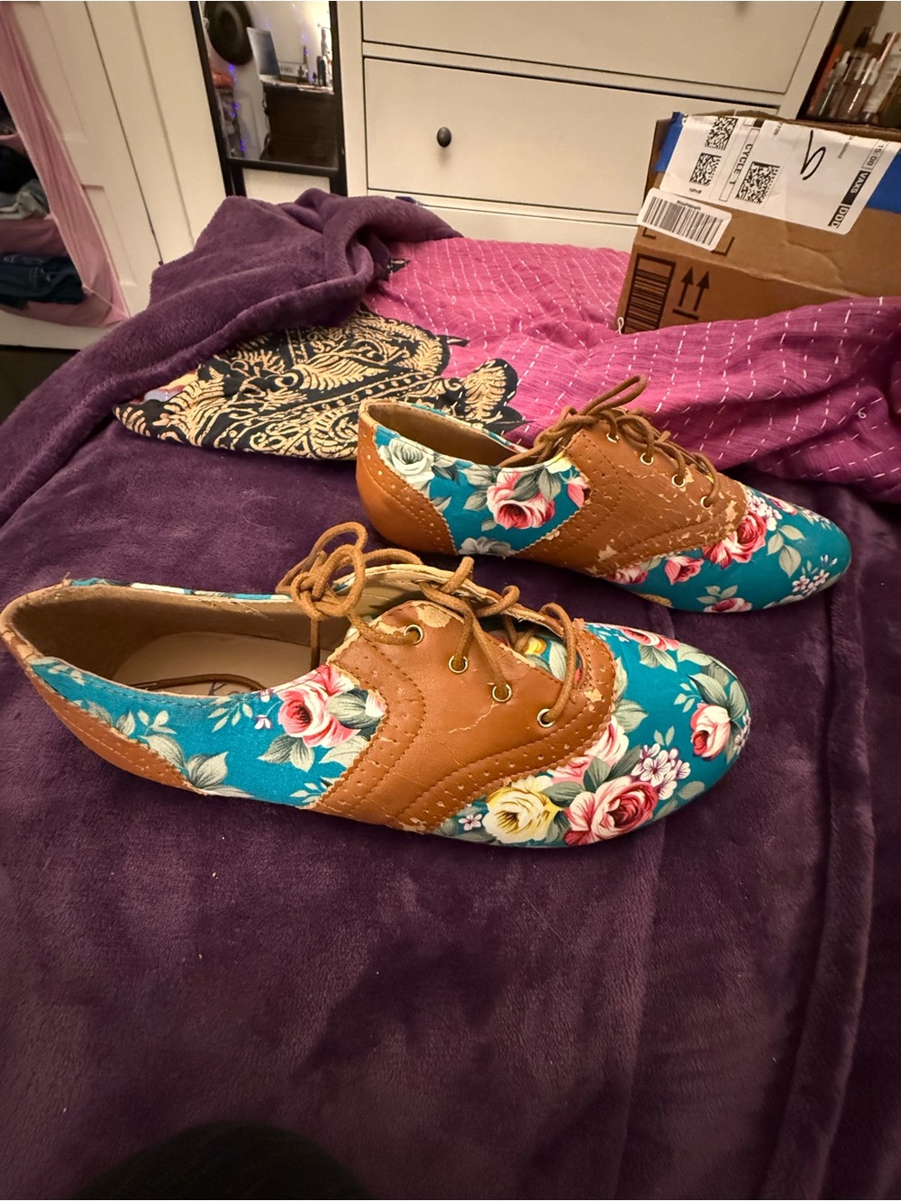 Kali Floral Oxford Flats Cottagecore Teal Rose Print Lace-Up Shoes Size 10